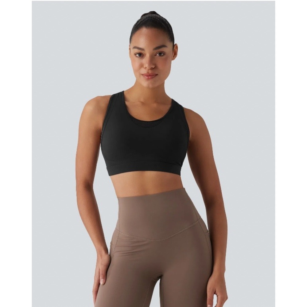 Halara Womens Black Ribbed Racerback Sports Bra Cut Out Back Size Large